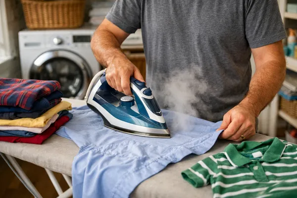 Dad using a steam iron for clothes to remove wrinkles from a blue dress shirt on an ironing board