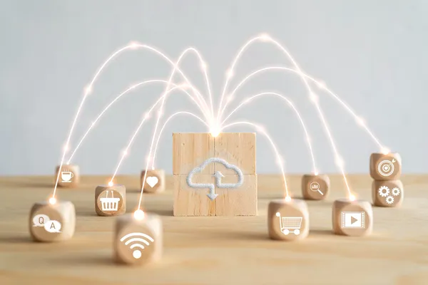 Photo virtual cloud computing are printed screen on wooden cubes block and connect line with others social media and online s