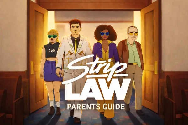 Strip Law Parents Guide hero image featuring the main animated cast from Netflix’s adult comedy series.