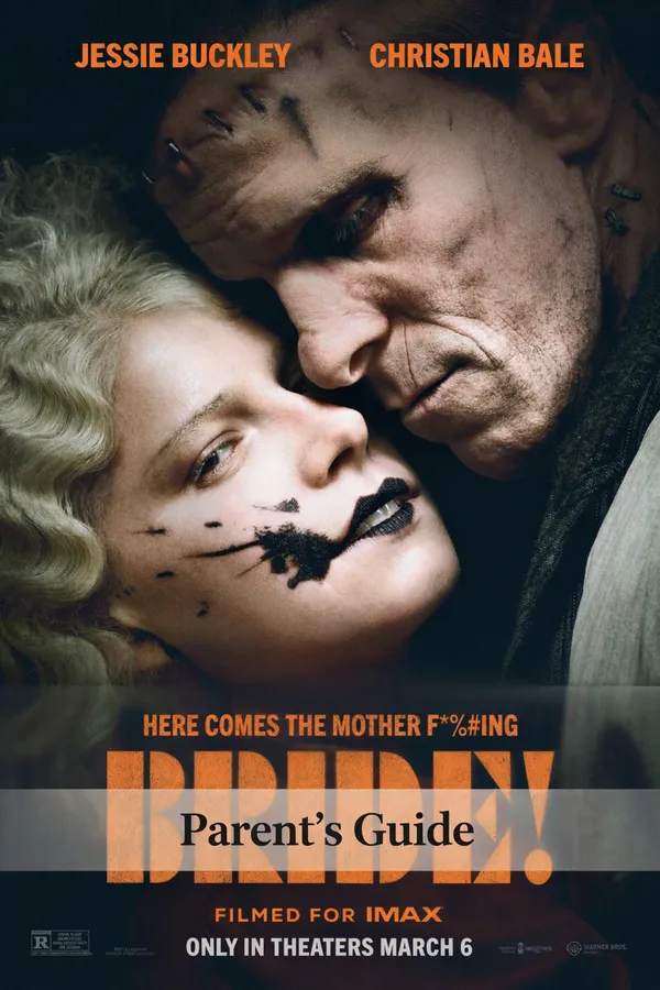 The Bride 2026 movie poster featuring Jessie Buckley and Christian Bale with Parents Guide overlay