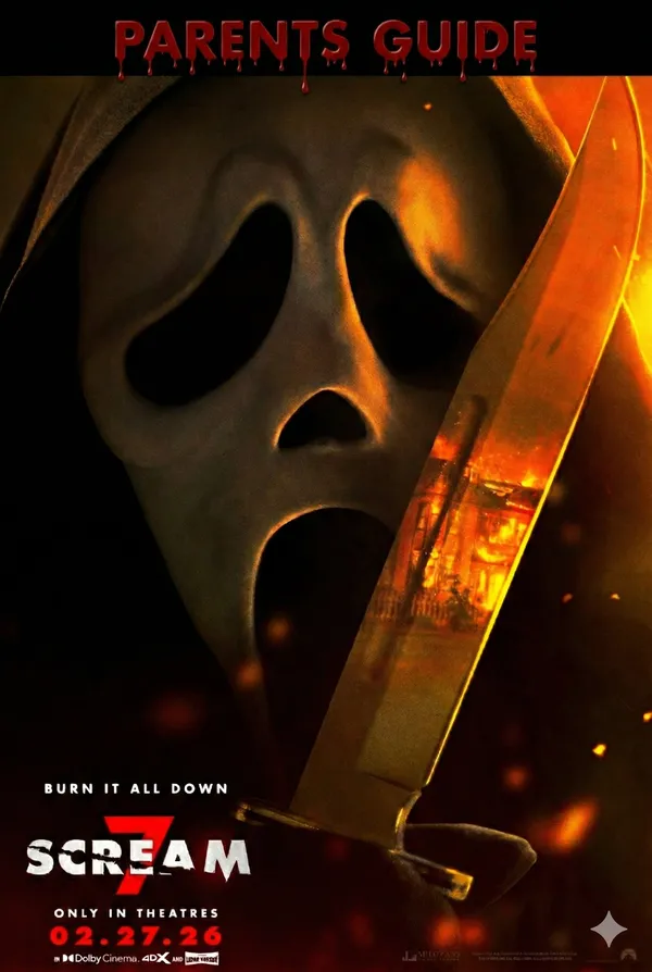 'Scream 7' (2026) movie poster with Ghostface mask illuminated by orange glow, holding a knife reflecting a burning house. 'BURN IT ALL DOWN' and 'ONLY IN THEATRES' text.