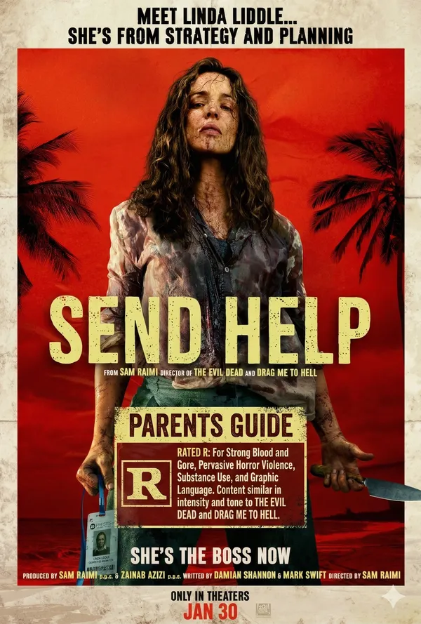 Send Help 2026 movie poster featuring Rachel McAdams as Linda Liddle holding a knife on a tropical island