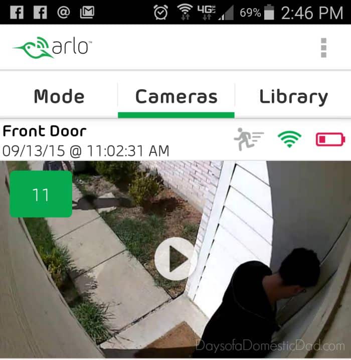 Screen shot of the Netgear Arlo System, my front door, on the Arlo cloud Storage.
