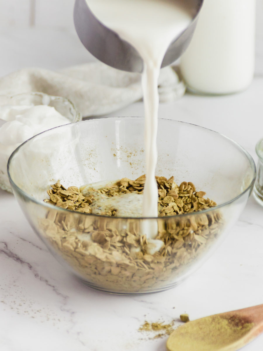 Milk being poured into a bowl of Rolled Oats