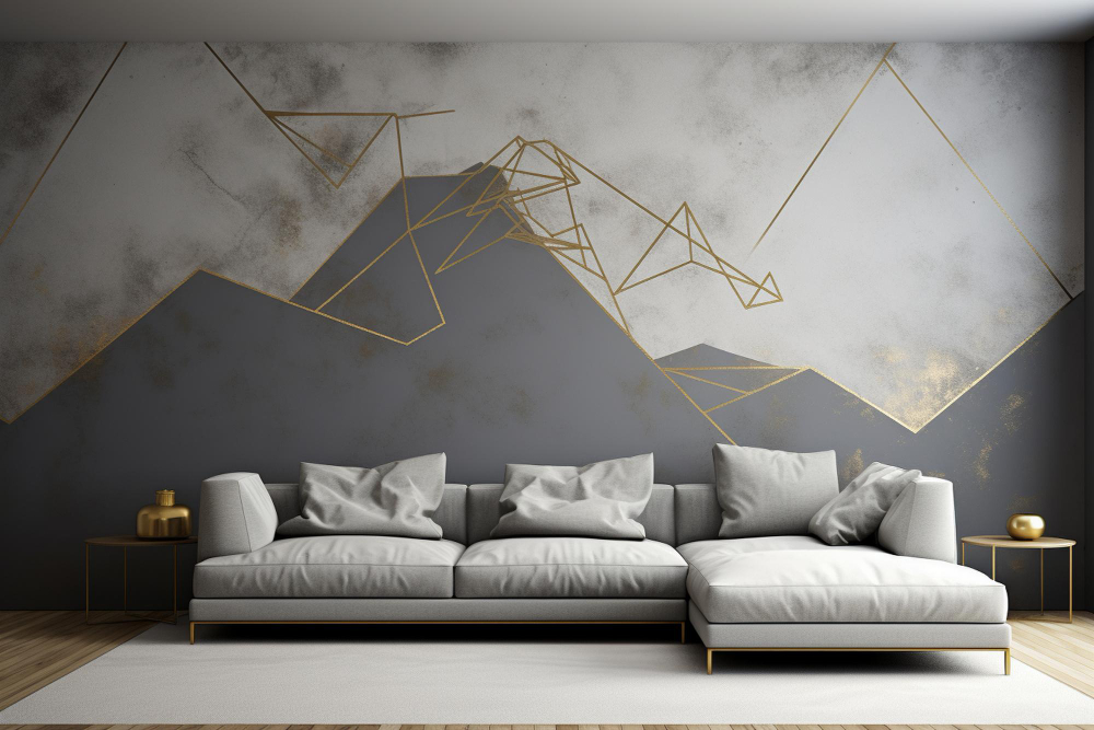 living room with a couch and a wall painting with a geometric design on it.