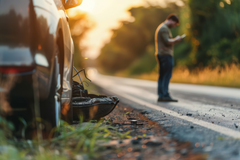 Damaged car at the side of a rural road with a concerned man in the background, standing and making a phone call after an accident.