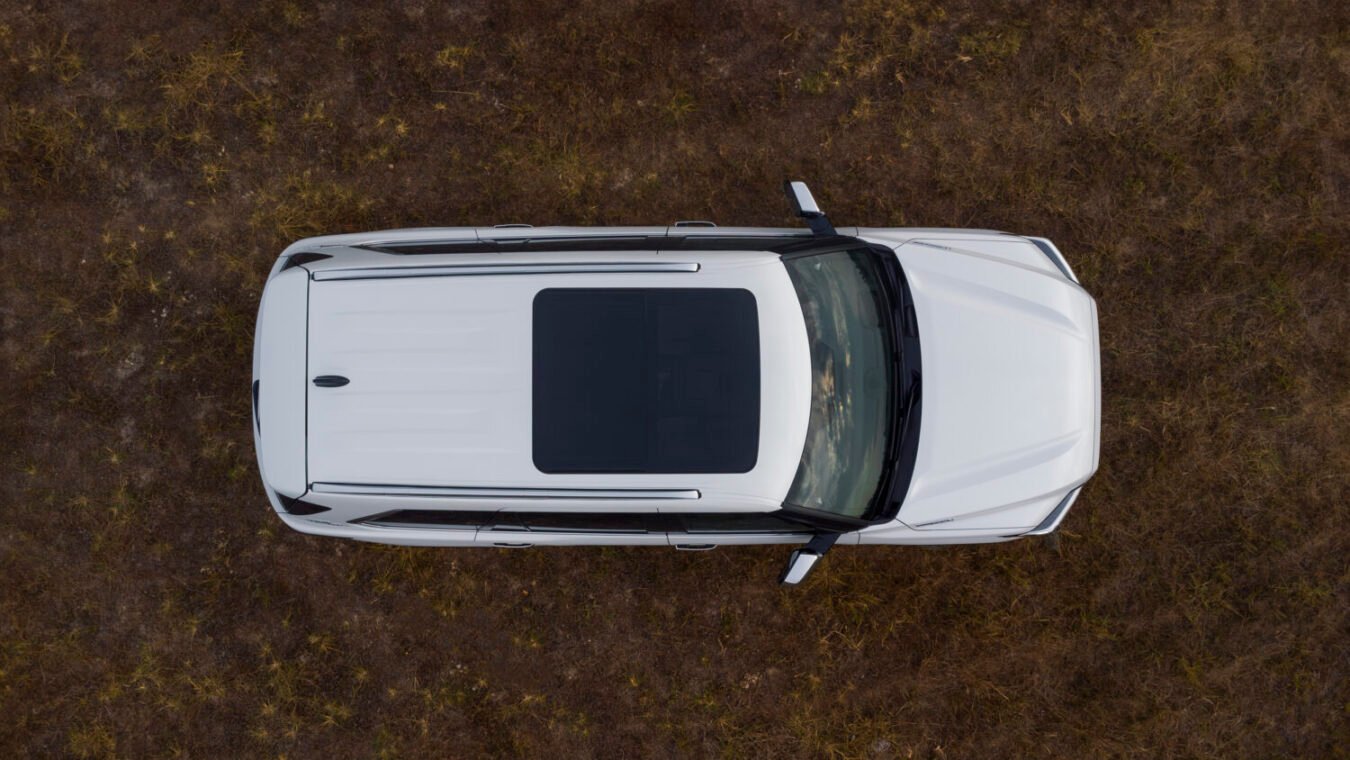 Overhead view of the 2025 Toyota Sequoia 1794 edition, highlighting its panoramic roof and full-size SUV design.